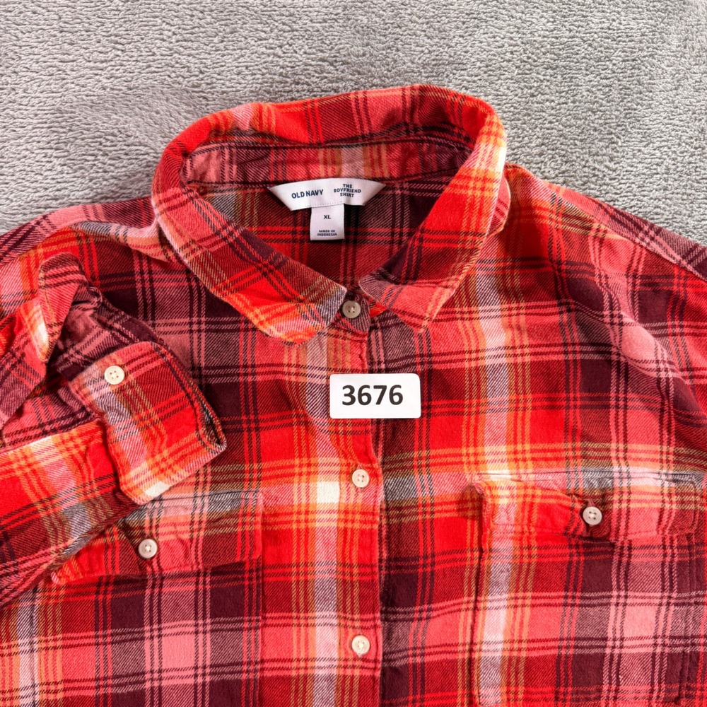 Old Navy Flannel Button Down Women XL Red Plaid The Boyfriend Shirt Baltic Amber
